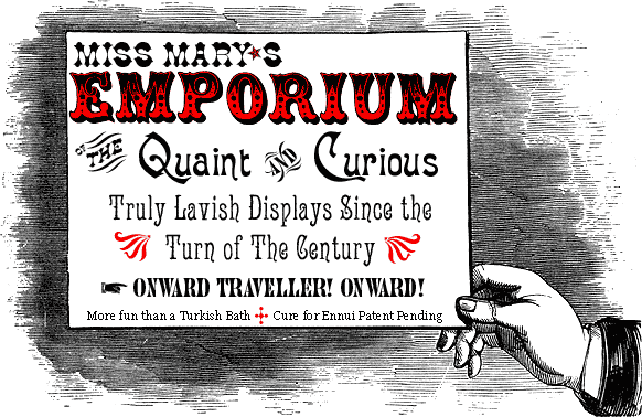 Click to Enter Miss Mary's Emporium of the Quaint and Curious Truly Lavish Displays since the Turn of the Century Onward Traveller Onward More Fun than a Turkish Bath Cure for Ennui Patent Pending